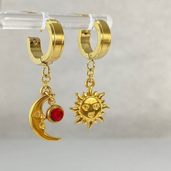 Sun & Moon Birthstone Huggie Hoop Earrings - Handmade - Picture 2 of 8